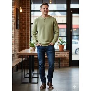 Oscar De La Renta Sweater Mens Green Henley Cabincore Lounge Knit Size Large‎